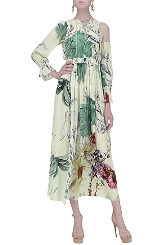 White One Side Cold Shoulder Sleeve Maxi Dress by Ash Haute Couture