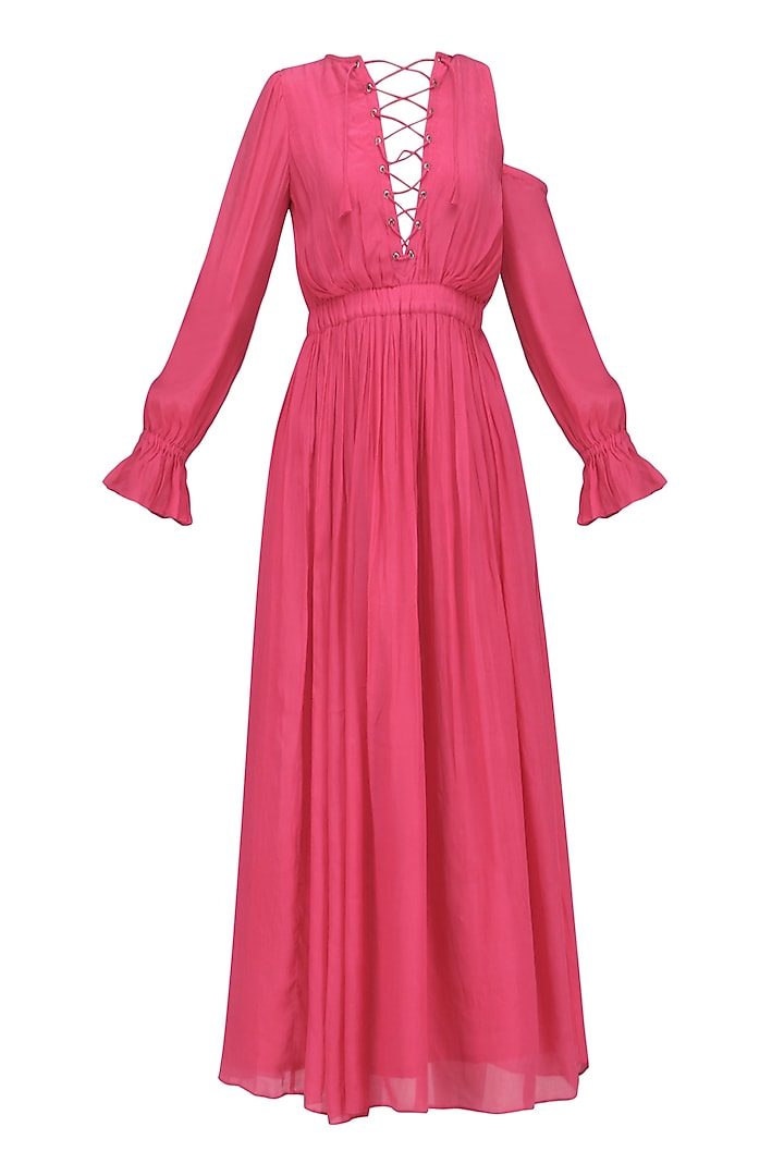 Pink One Side Cold Shoulder Sleeve Maxi Dress by Ash Haute Couture