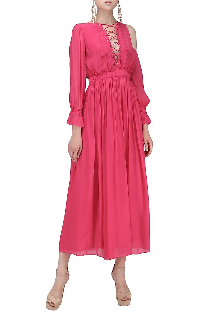 Pink one side cold shoulder sleeve maxi dress available only at Pernia's Pop Up Shop.
