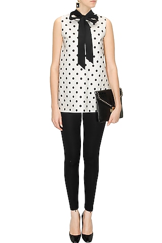 White & Black Polka Dot Printed Top by Ashish Soni