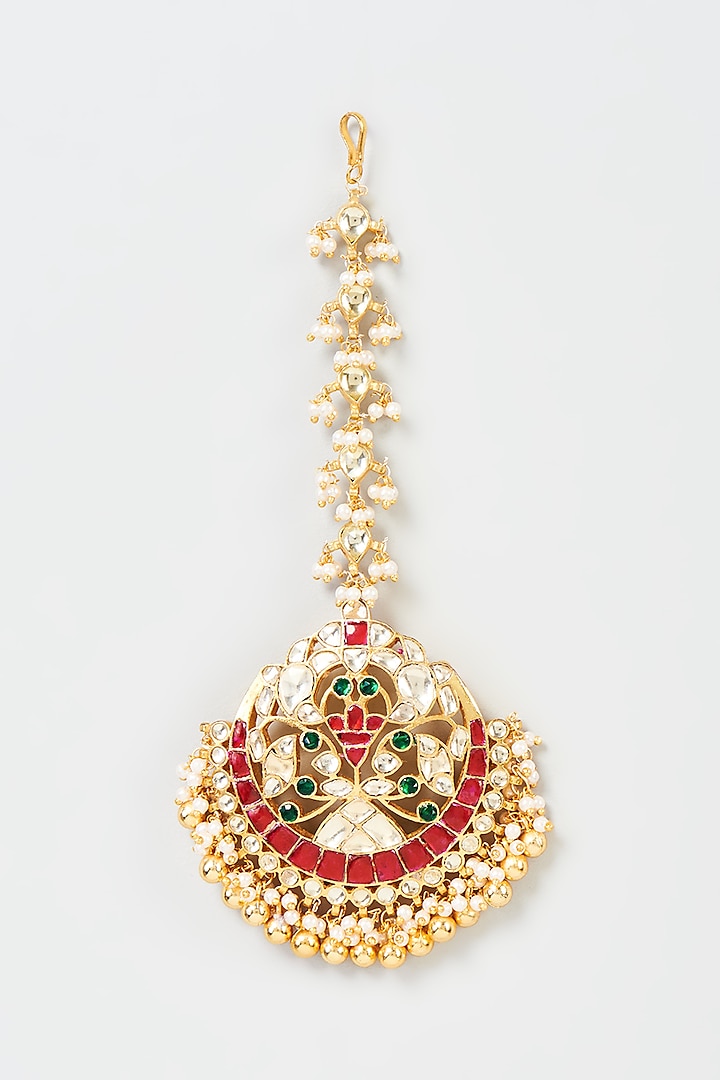 Gold Finish Red Kundan Polki Maangtikka by ASHNEE