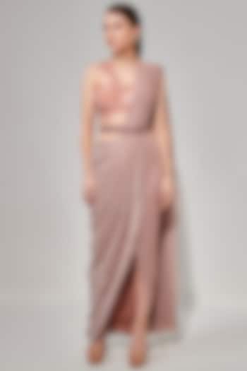 Rose Gold Crepe Lycra Pre-Stitched Wedding Saree by One Knot One By Ashna at Pernia's Pop Up Shop