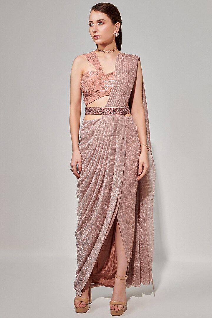 Rose Gold Crepe Lycra Pre-Stitched Wedding Saree by One Knot One By Ashna at Pernia's Pop Up Shop