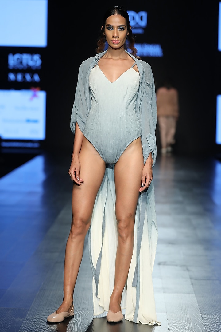 Cobalt Blue and Off White Body Suit by Abhi Singh