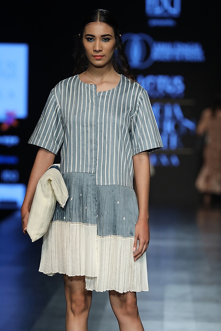 Cobalt Blue Striped Knee Length Dress by Abhi Singh