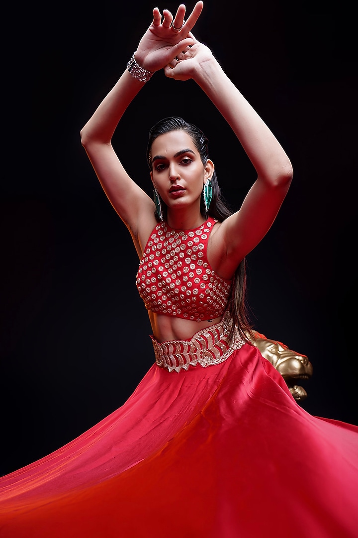 Ecstatic Red Bemberg Satin Abstract Cutwork Wedding Lehenga Set by ASHUTOSH JOSHI at Pernia's Pop Up Shop