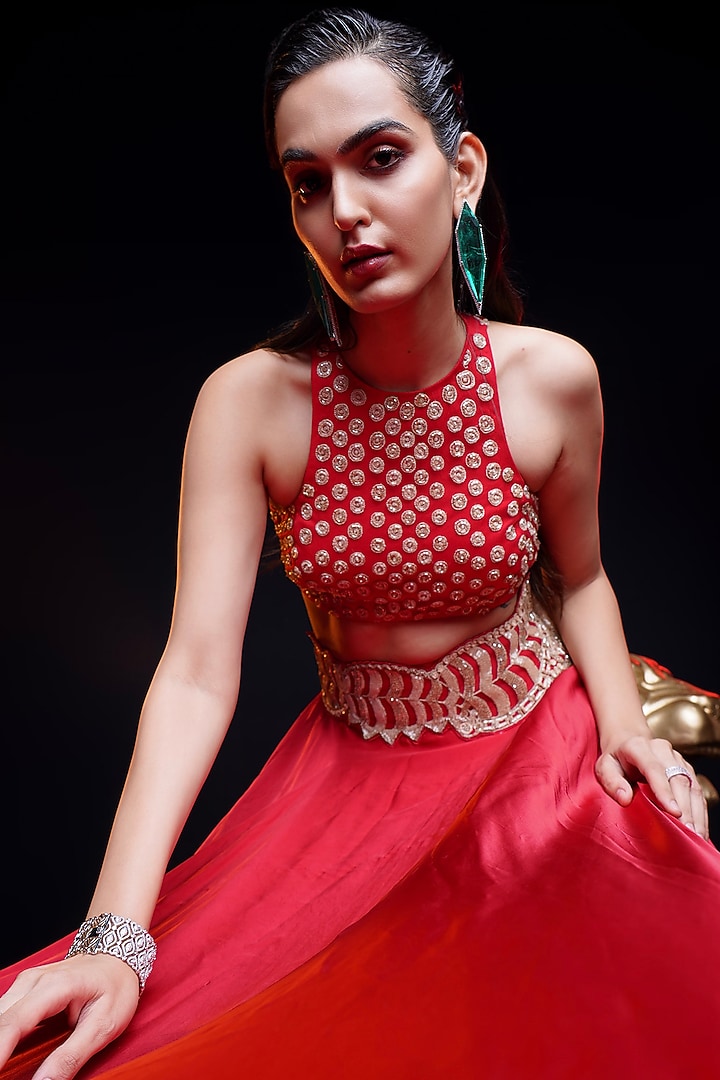 Ecstatic Red Bemberg Satin Abstract Cutwork Wedding Lehenga Set by ASHUTOSH JOSHI at Pernia's Pop Up Shop