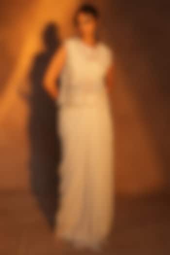 Ivory Crepe Draped Skirt Set by ASHUTOSH JOSHI at Pernia's Pop Up Shop