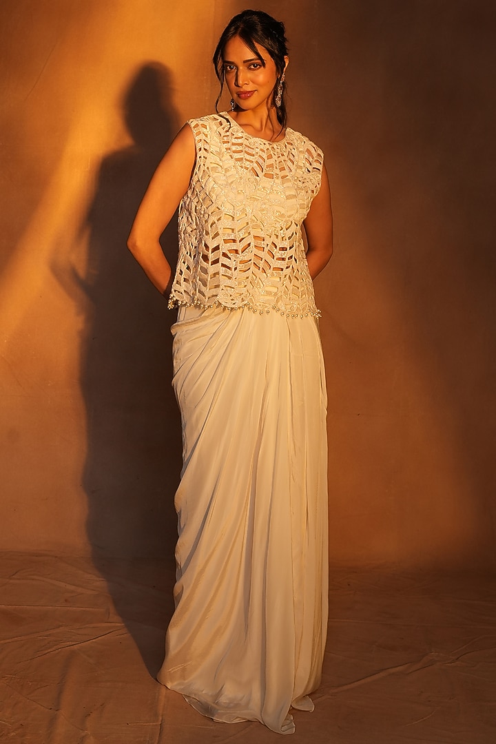 Ivory Crepe Draped Skirt Set by ASHUTOSH JOSHI at Pernia's Pop Up Shop