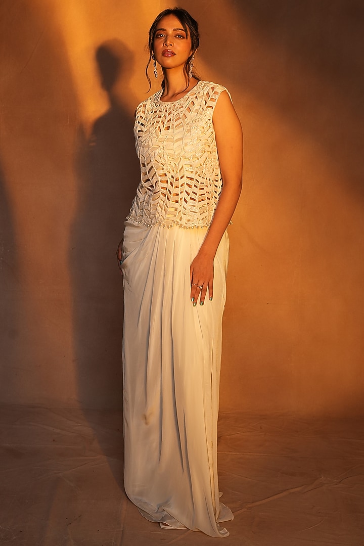 Ivory Crepe Draped Skirt Set by ASHUTOSH JOSHI at Pernia's Pop Up Shop