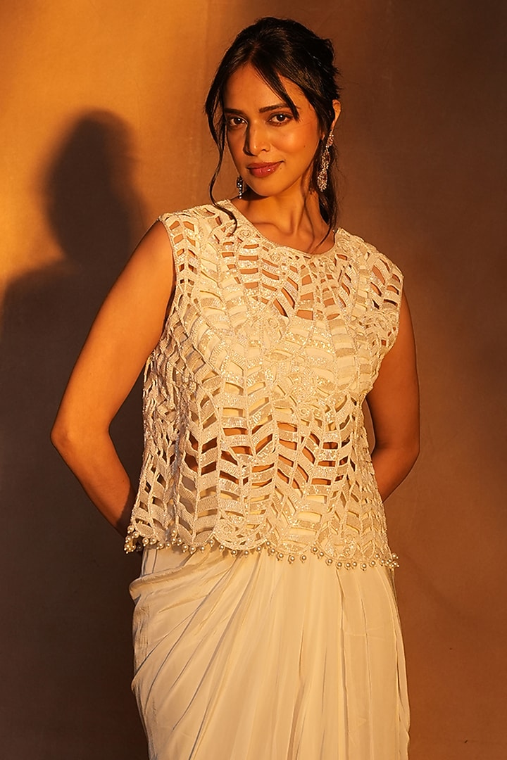 Ivory Crepe Draped Skirt Set by ASHUTOSH JOSHI at Pernia's Pop Up Shop