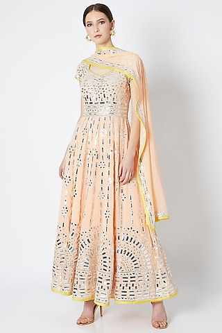 Peach Embroidered Anarkali Set by ASAL By Abu Sandeep