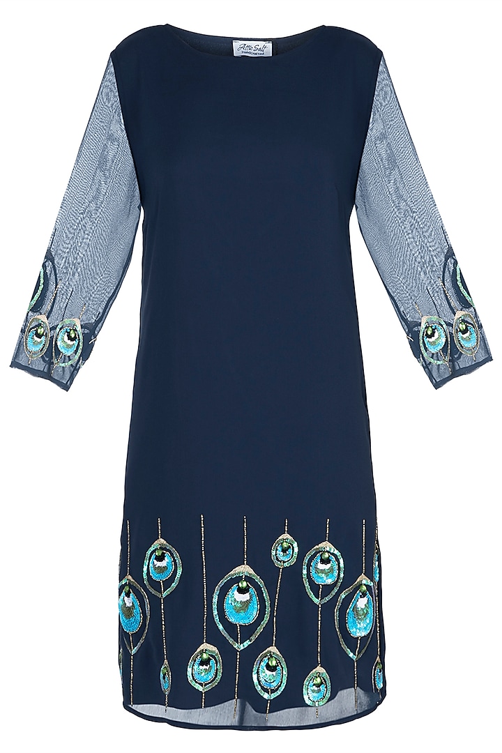 Navy blue motif embellished dress by Attic Salt