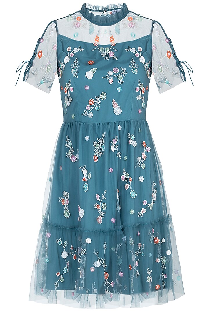 Blue embroidered tulle dress by Attic Salt