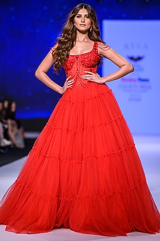 Red Net Hand Embroidered Gown by World of Asra