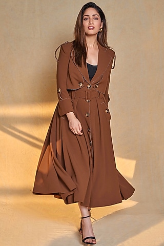 Brown Scuba Georgette Long Overthrow Jacket by World of Asra