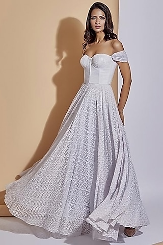 Ivory Hand Embroidered High-Low Gown by World of Asra
