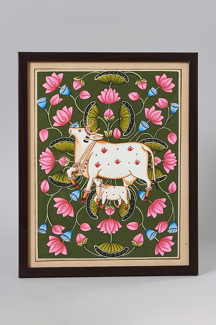 Lotus Forest Cow Pichwai Painting by Assemblage
