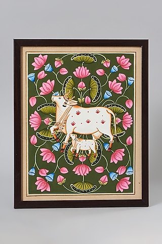 Lotus Forest Cow Pichwai Painting by Assemblage