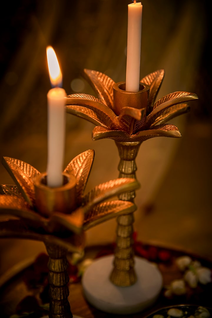 Gold Marble Palm Tree Candle Stand Set (Set of 2) by Assemblage at Pernia's Pop Up Shop