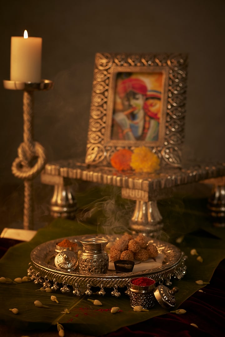 Antique Silver White Metal Aarti Thali Set (Set of 4) by Assemblage at Pernia's Pop Up Shop
