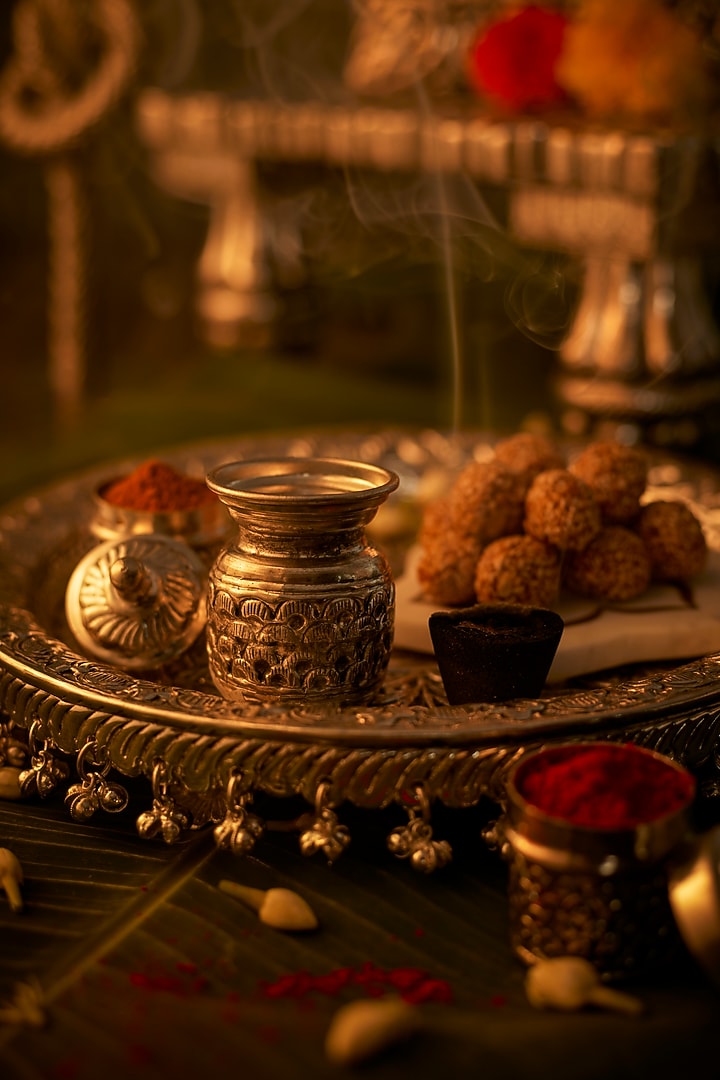Antique Silver White Metal Aarti Thali Set (Set of 4) by Assemblage at Pernia's Pop Up Shop