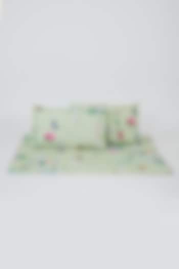 Green Cotton Floral Screen Printed Bedcover Set (Set of 3) by Astam by Astam sutra