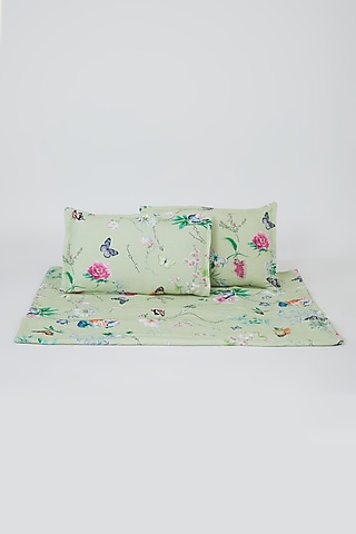 Green Cotton Floral Screen Printed Bedcover Set (Set of 3) by Astam by Astam sutra