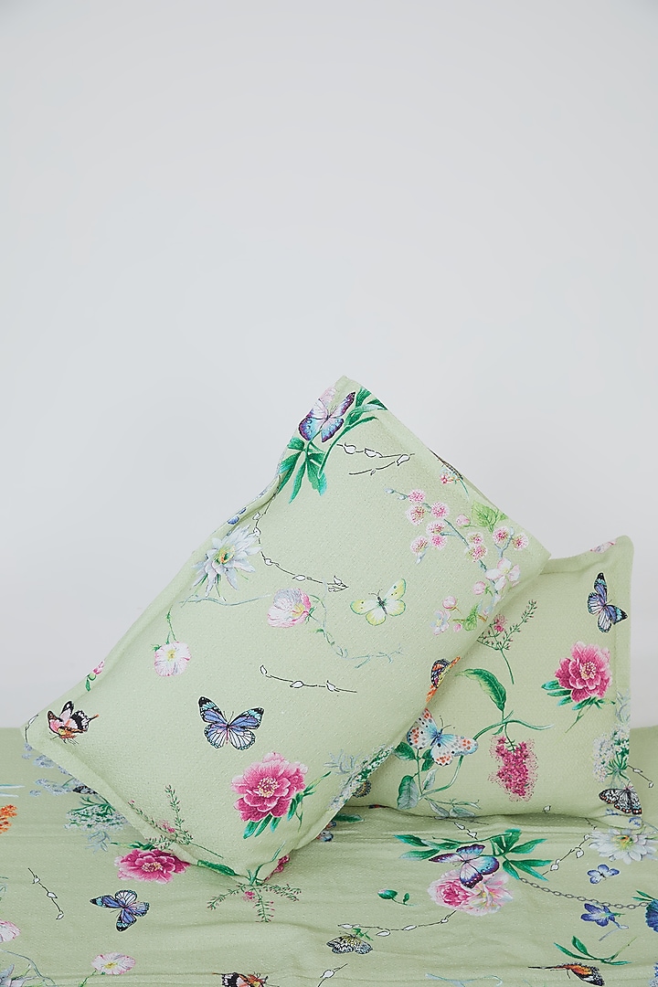Green Cotton Floral Screen Printed Bedcover Set (Set of 3) by Astam by Astam sutra at Pernia's Pop Up Shop