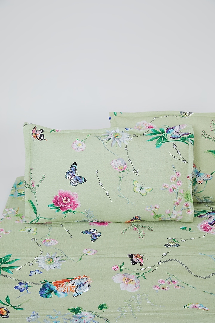 Green Cotton Floral Screen Printed Bedcover Set (Set of 3) by Astam by Astam sutra at Pernia's Pop Up Shop