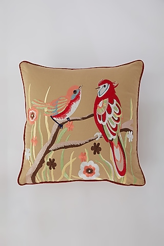 Multi-Colored Cotton Bird Machine Embroidered Cushion Cover by Astam by Astam sutra