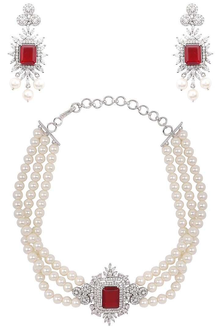 Silver finish white and red zircons and pearl strand choker necklace set available only at Pernia's Pop Up Shop.