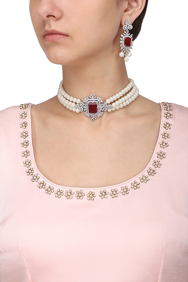 Silver Finish White and Red Zircons and Pearl Strand Choker Necklace Set by Aster
