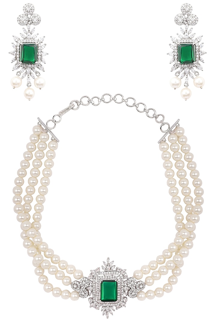 Silver finish white and green zircons and pearl strand choker necklace set available only at Pernia's Pop Up Shop.