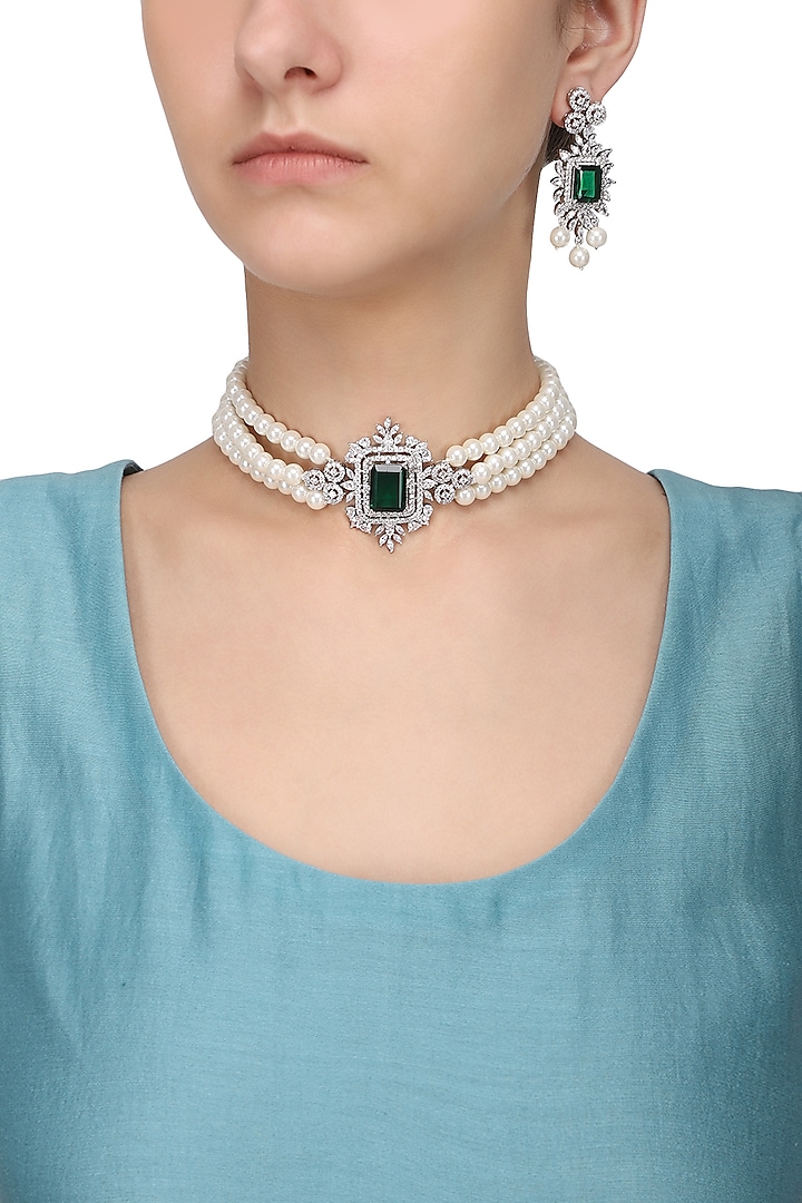 Silver Finish White and Green Zircons and Pearl Strand Choker Necklace Set by Aster