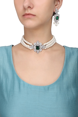 Silver Finish White and Green Zircons and Pearl Strand Choker Necklace Set by Aster