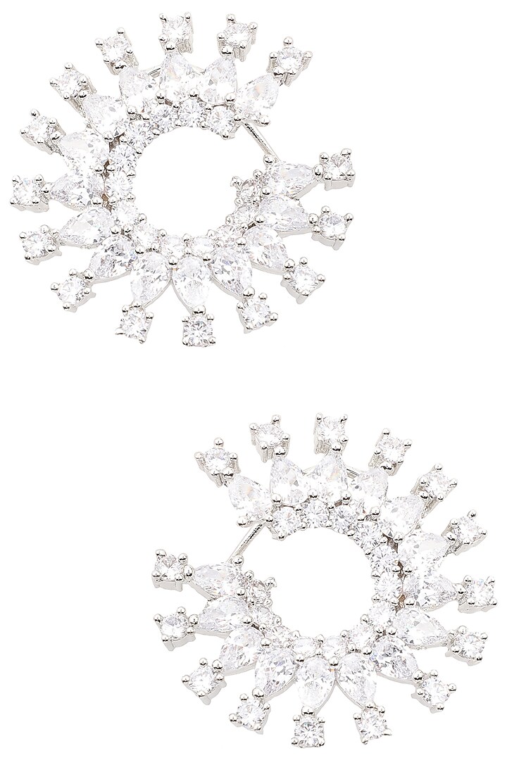 Silver Finish White Zircons Circular Hoop Earrings by Aster