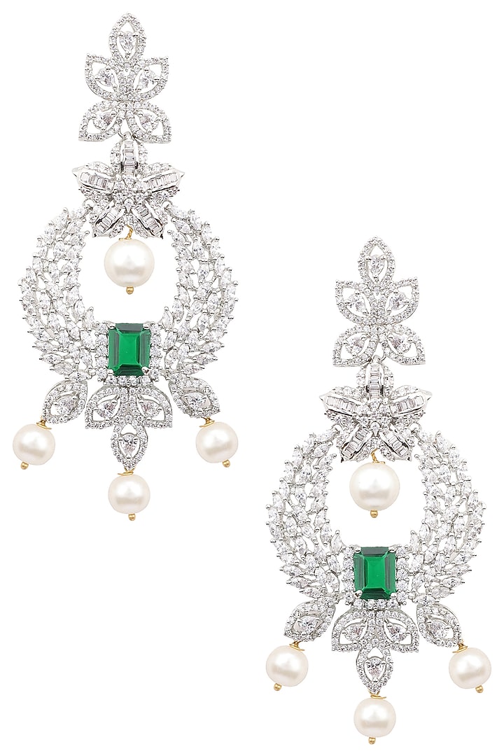 Silver finish white and green zircons and pearl drop earrings available only at Pernia's Pop Up Shop.