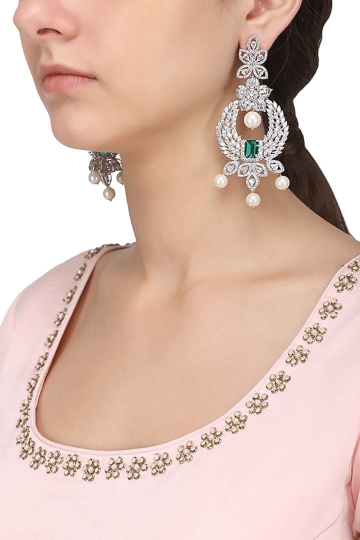 Silver finish white and green zircons and pearl drop earrings available only at Pernia's Pop Up Shop.