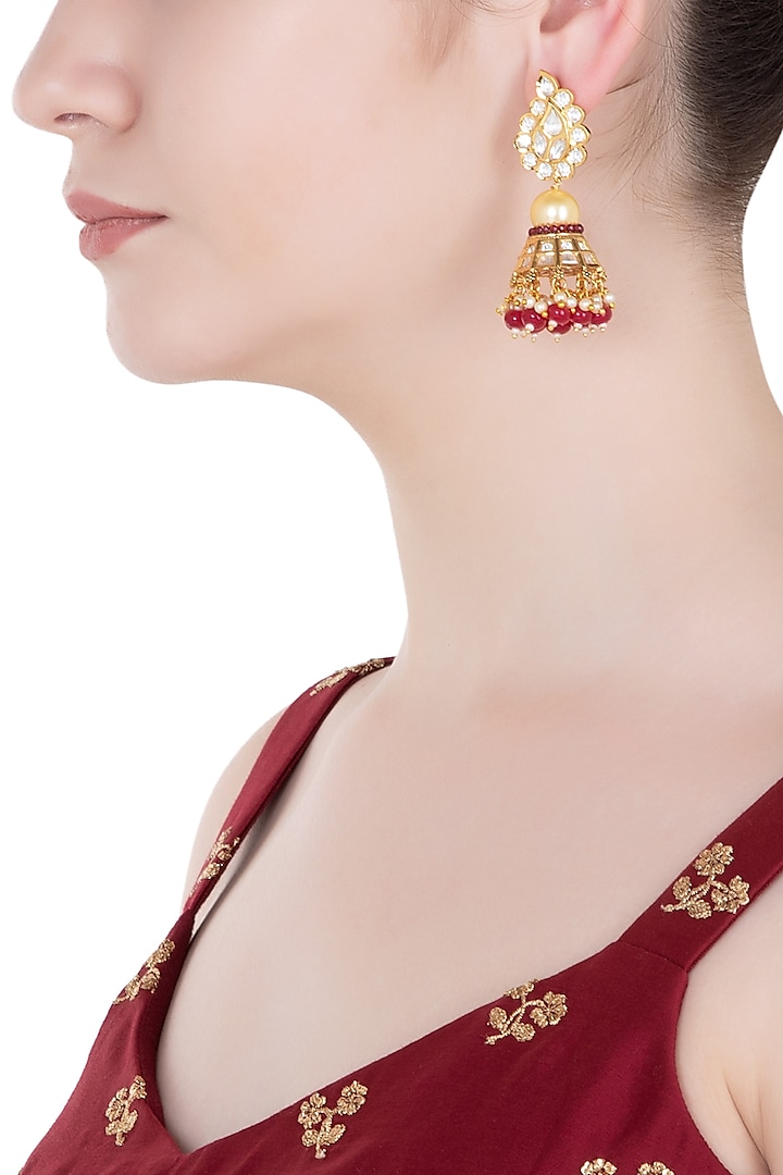 Gold Finish Kundan and Red Beads Jhumki Earrings by Aster