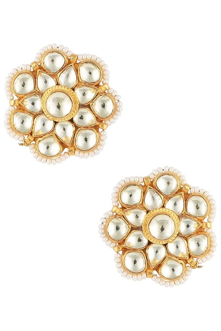 Gold finish kundan and pearls stud earrings available only at Pernia's Pop Up Shop.