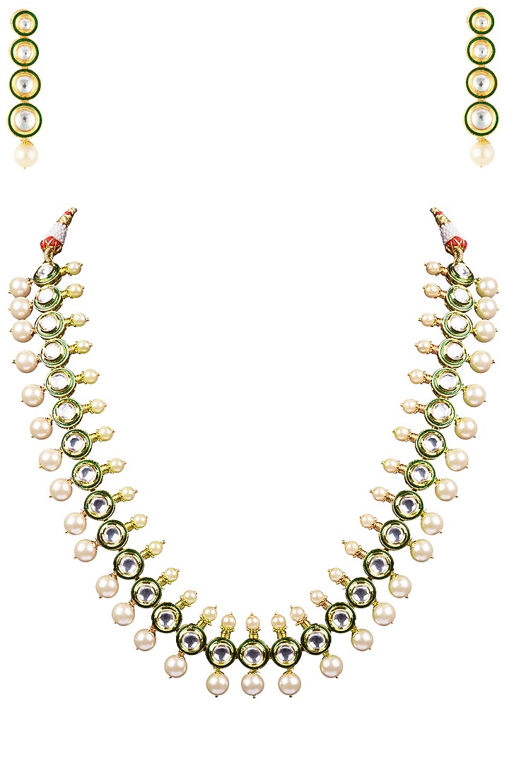Gold finish kundan, pearls and green enamel choker necklace set available only at Pernia's Pop Up Shop.