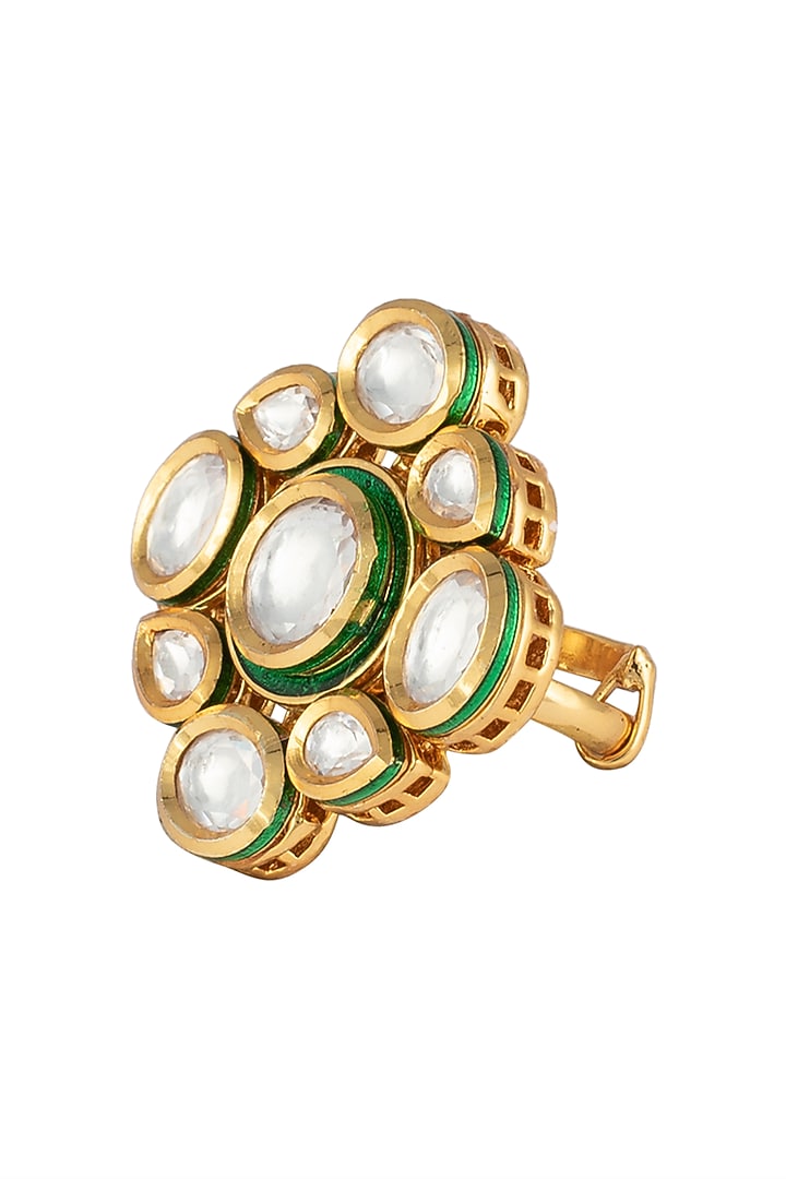 Gold finish kundan and green enamel ring available only at Pernia's Pop Up Shop.