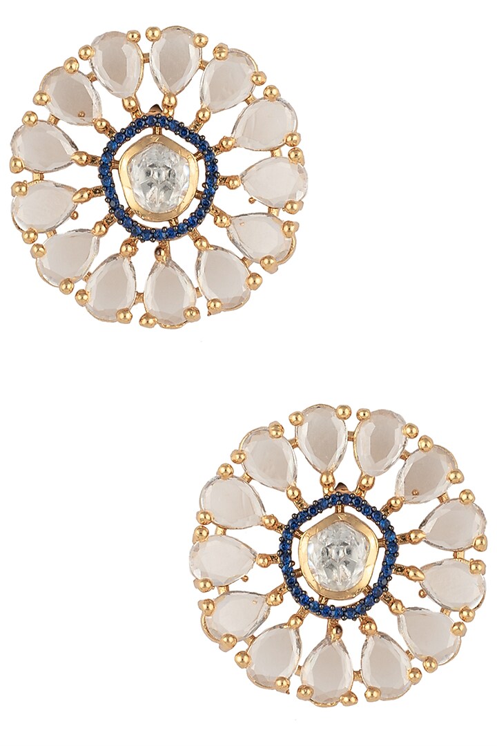 Gold finish blue zircon flower stud earrings available only at Pernia's Pop Up Shop.