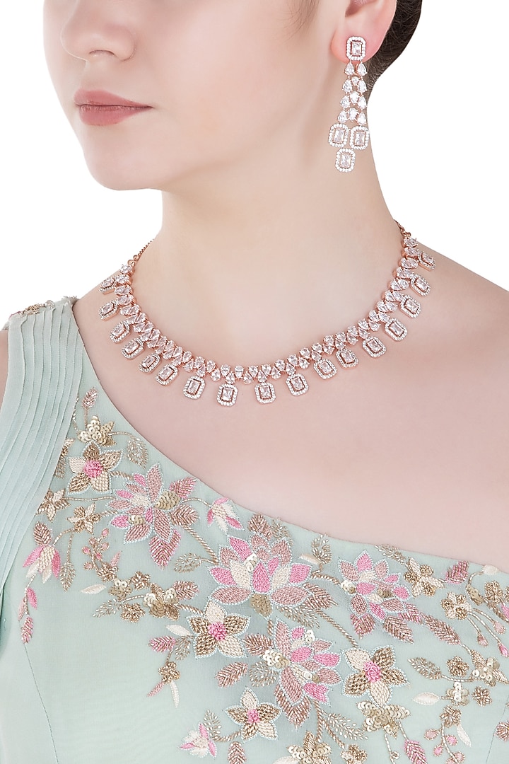Rose gold finish zircons necklace set available only at Pernia's Pop Up Shop.