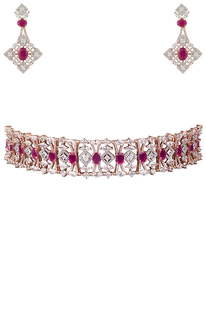 Rose gold finish zircon and red stones choker necklace set available only at Pernia's Pop Up Shop.