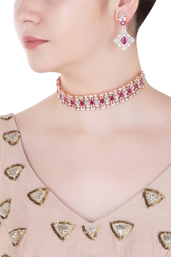 Rose gold finish zircon and red stones choker necklace set available only at Pernia's Pop Up Shop.