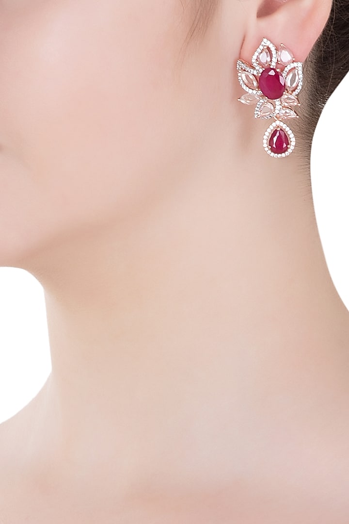 Rose Gold Finish Zircon and Red Stones Earrings by Aster