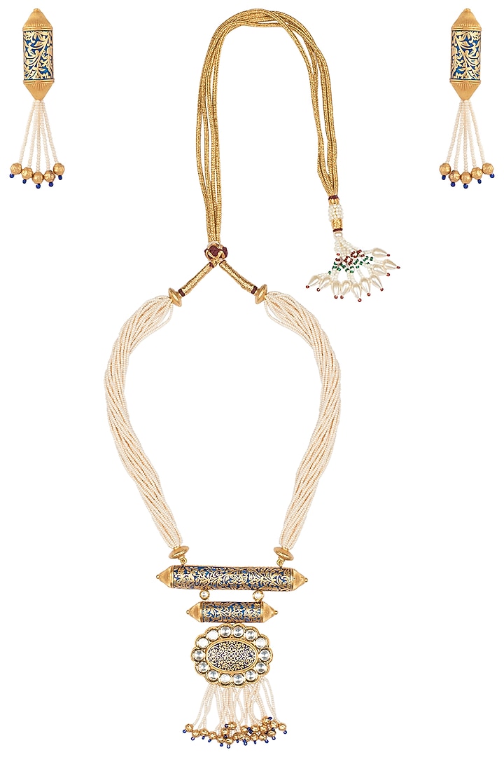 Gold finish kundan and blue enamel pearls necklace set available only at Pernia's Pop Up Shop.