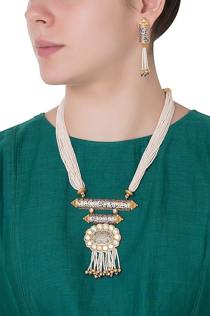 Gold finish kundan and blue enamel pearls necklace set available only at Pernia's Pop Up Shop.